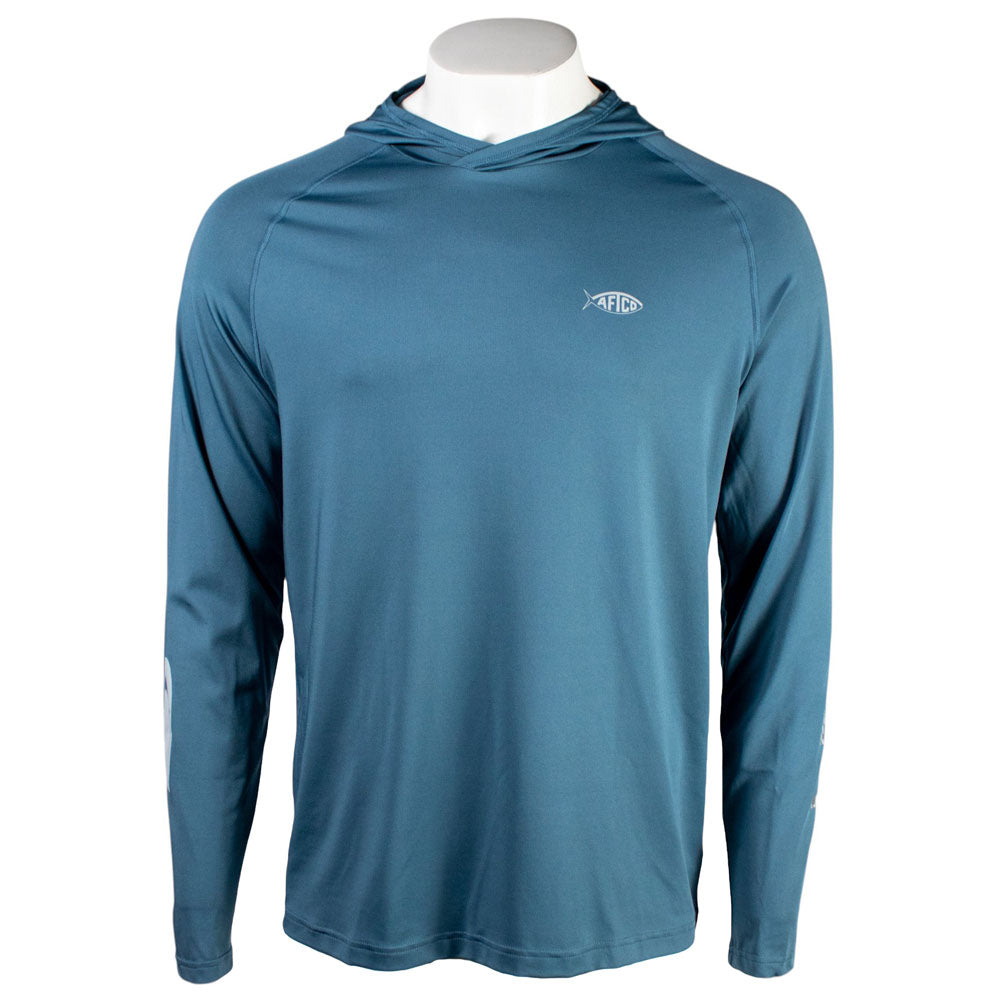 Front of a dark teal hooded long sleeve with a grey AFTCO logo on the left chest.
