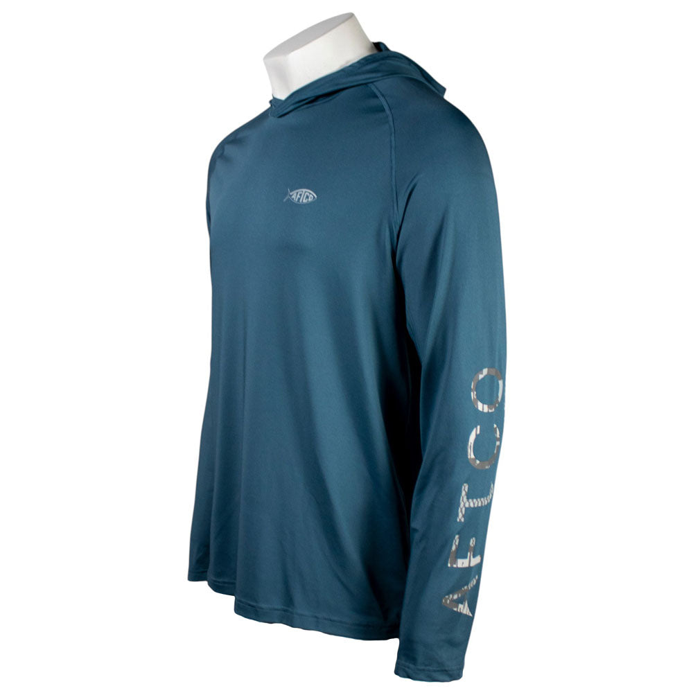 Side of a dark teal hooded long sleeve with a grey AFTCO logo on the sleeve.