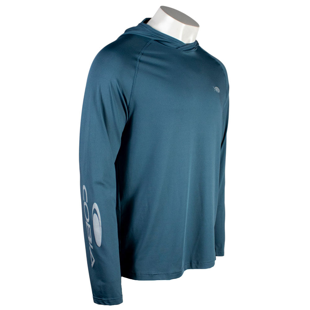 Side of a dark teal hooded long sleeve with a grey Cobia logo on the sleeve.