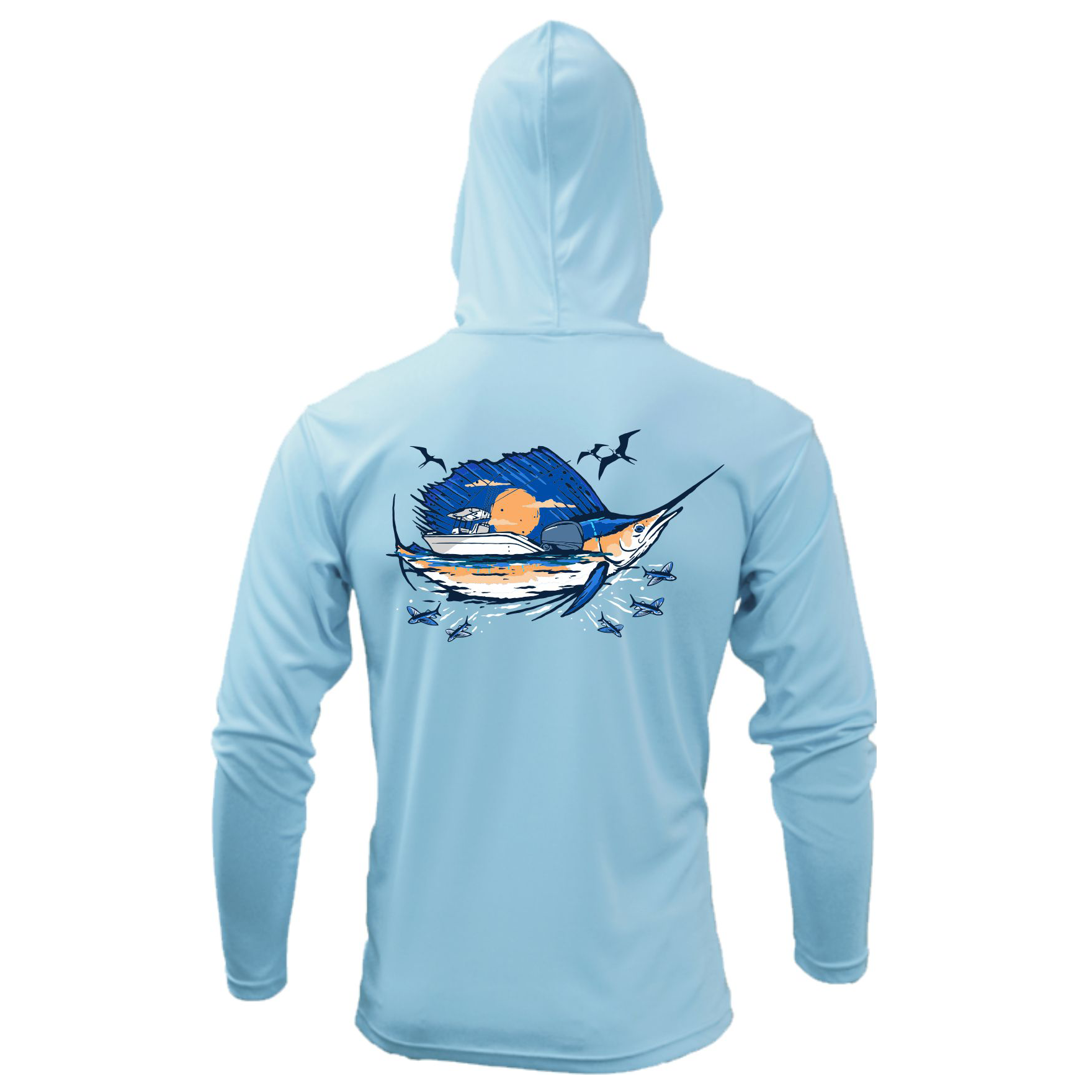 Back of a light blue hooded long sleeve with a blue and orange graphic of a swordfish and a boat, surrounded by birds and planes. 