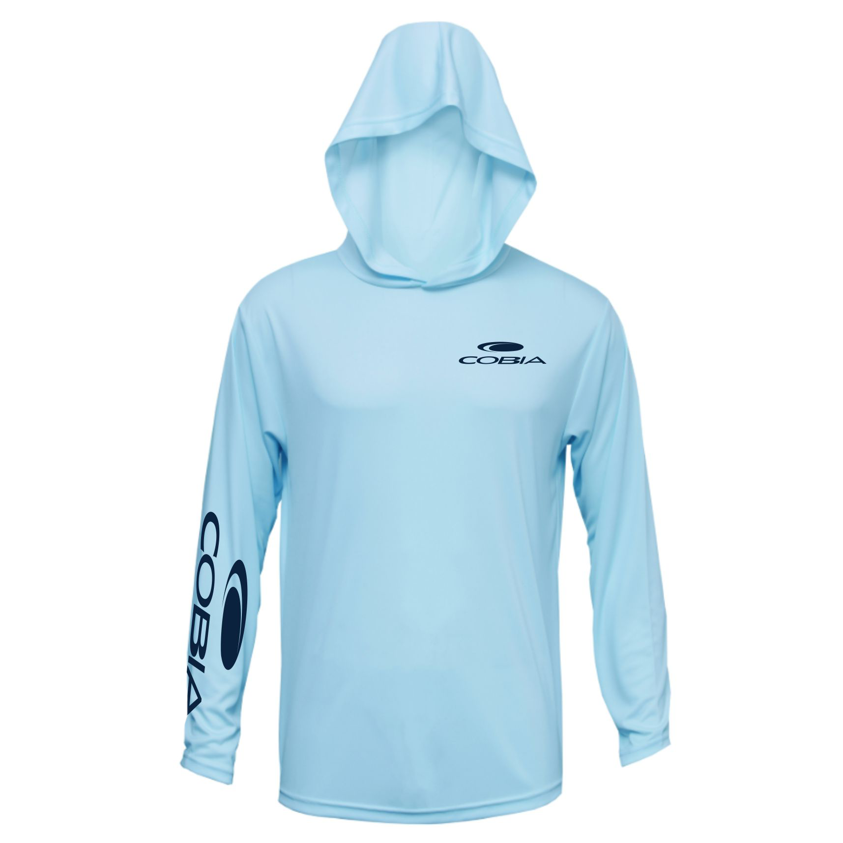 Front of a light blue hooded long sleeve with navy blue cobia logos on the left chest and right sleeve. 
