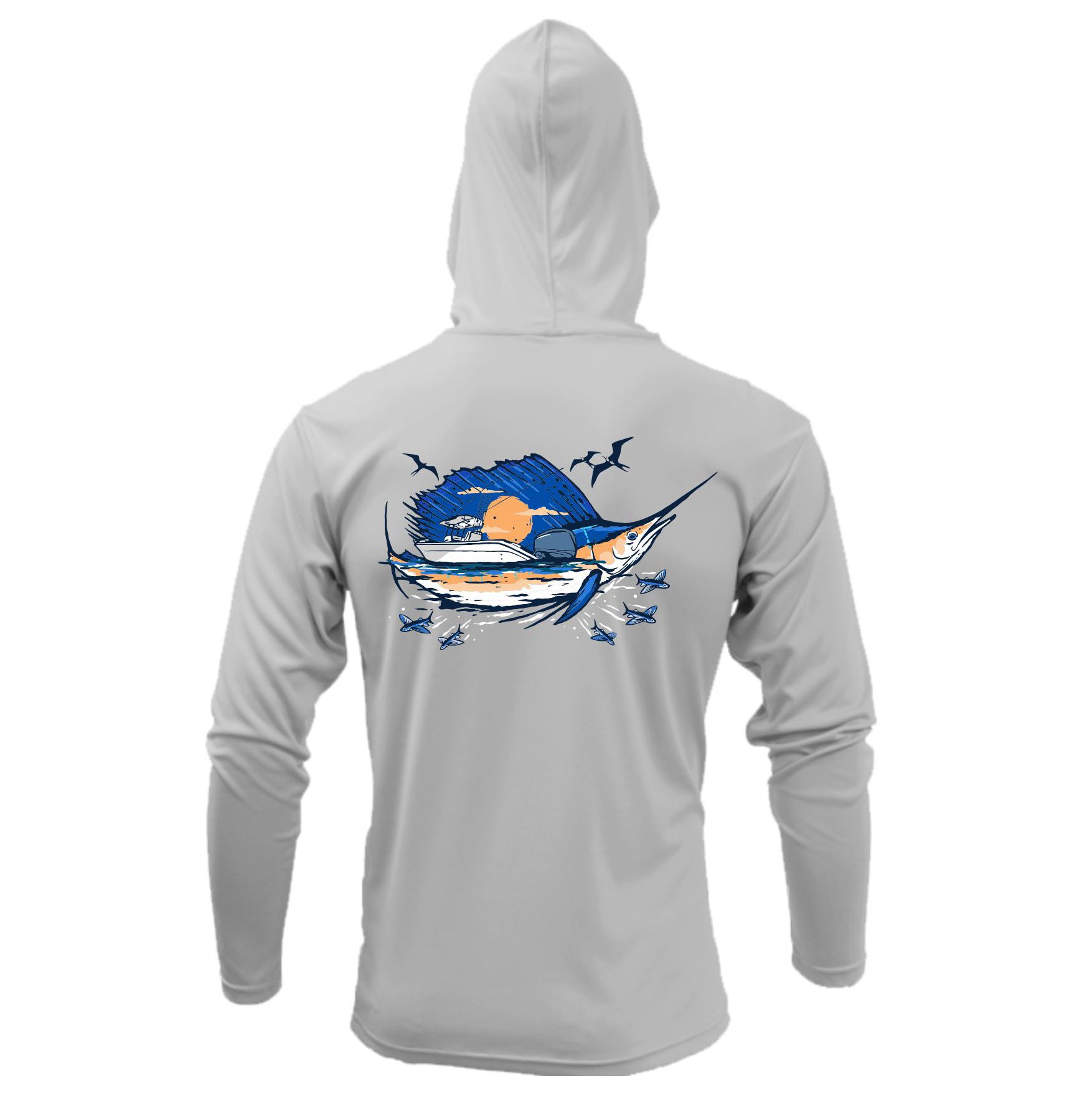 Back of a light grey hooded long sleeve with a blue and orange graphic of a swordfish and a boat, surrounded by birds and planes. 