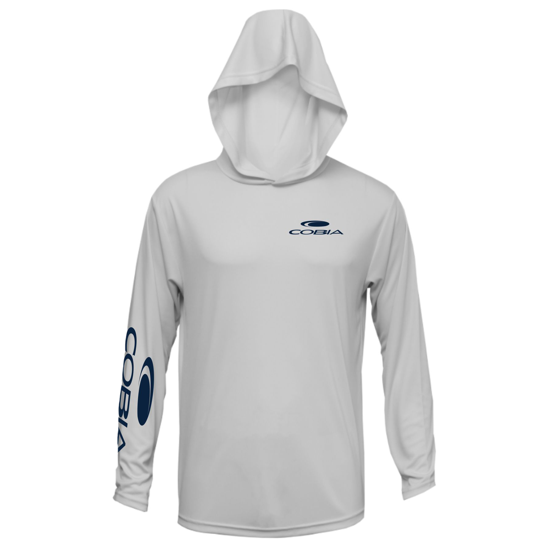 Front of a light grey hooded long sleeve with navy blue cobia logos on the left chest and right sleeve. 