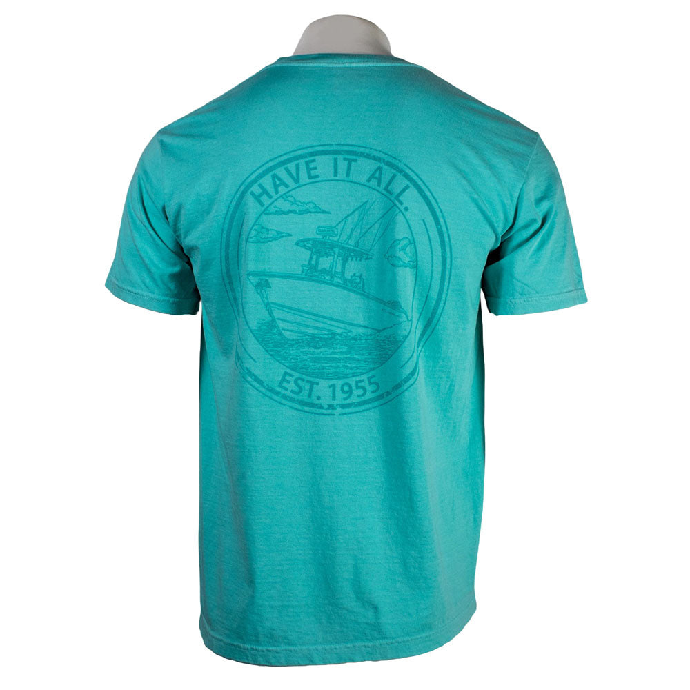 Teal t-shirt with a dark teal graphic on the back including the text "Have it all. Established 1955."