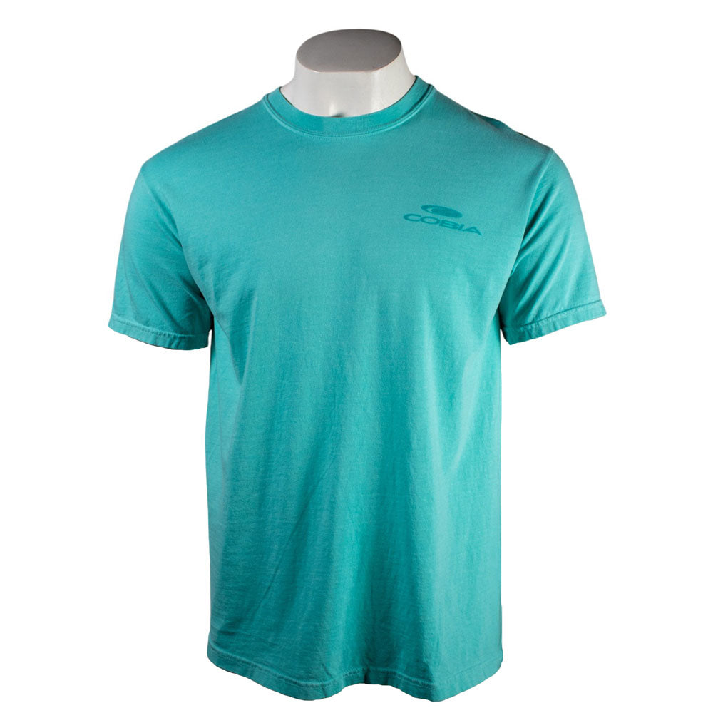 Teal t-shirt with a dark teal Cobia logo on the left chest.