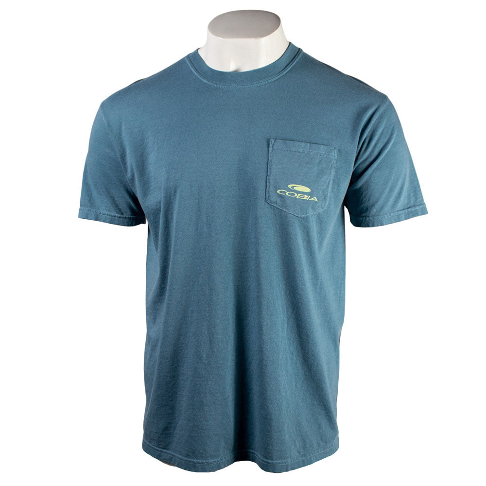 Blue t-shirt with a cream colored cobia logo on the left chest pocket.