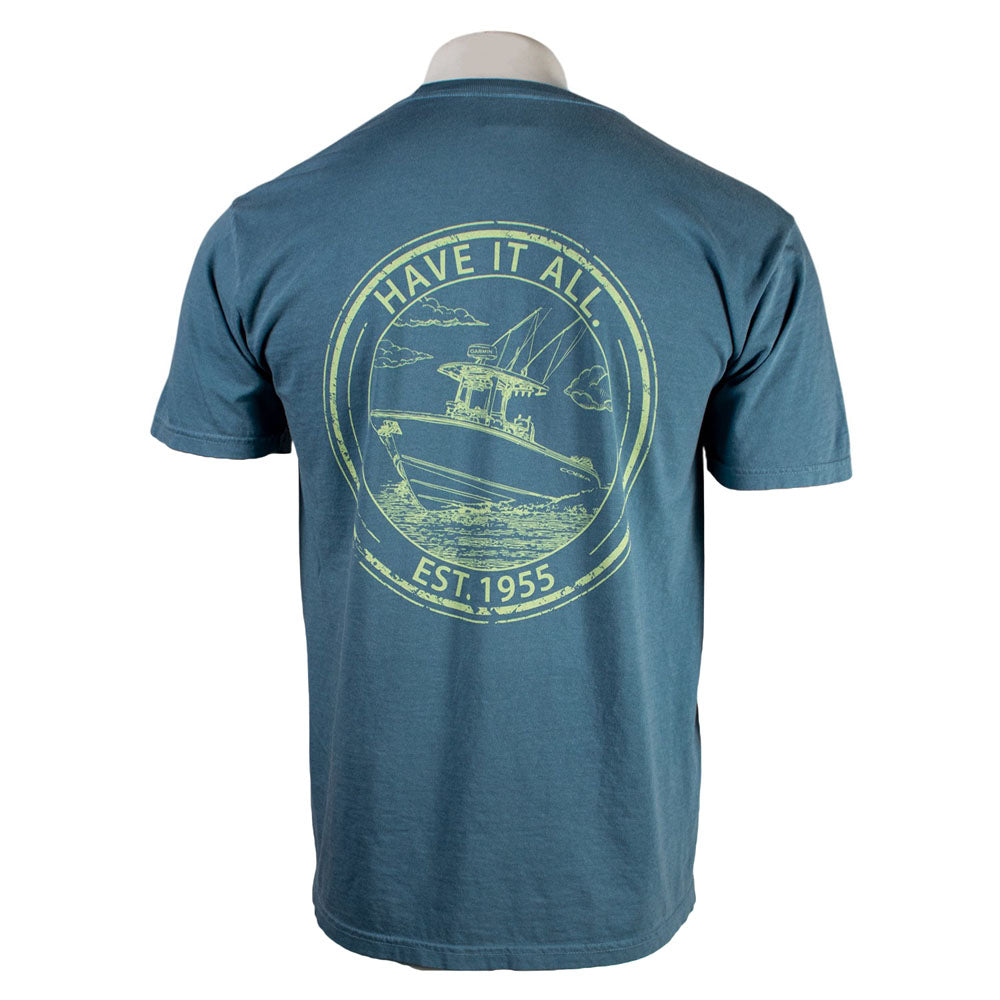 Blue t-shirt with a creme colored graphic on the back including the text "Have it all. established 1955."