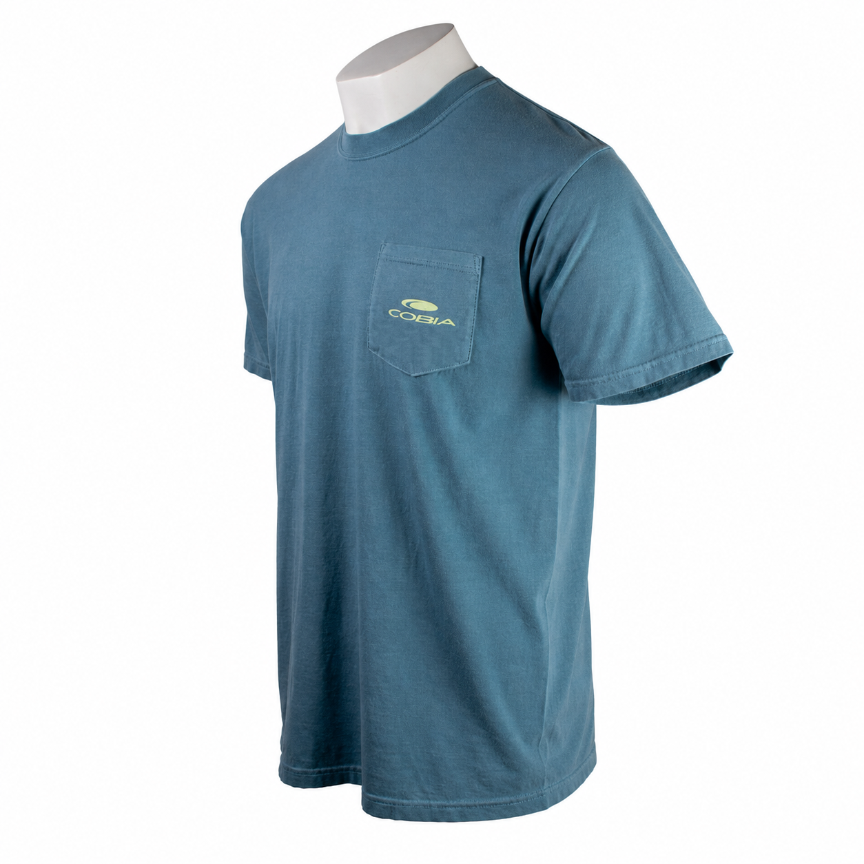 Side of a dusty blue t-shirt with a logo on a mannequin against a white.background