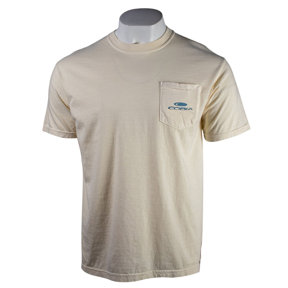 Cream colored t-shirt with a blue cobia logo on the left chest pocket.
