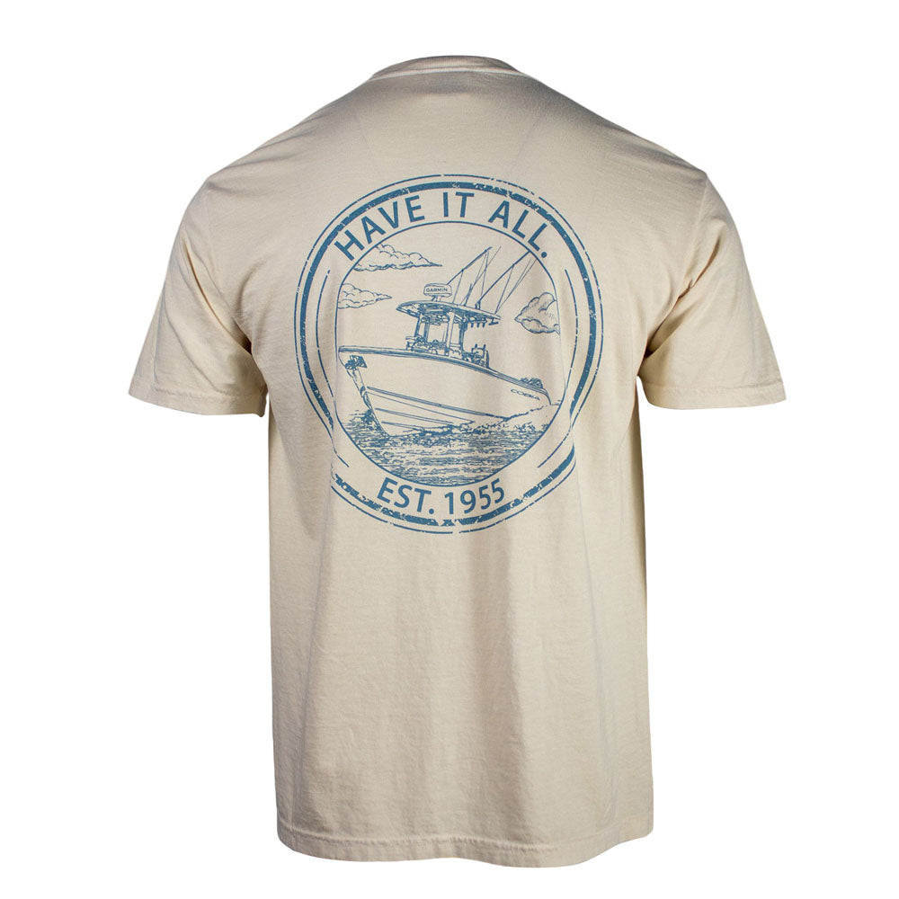 Cream colored t-shirt with a blue graphic on the back including the text "Have it all. established 1955."