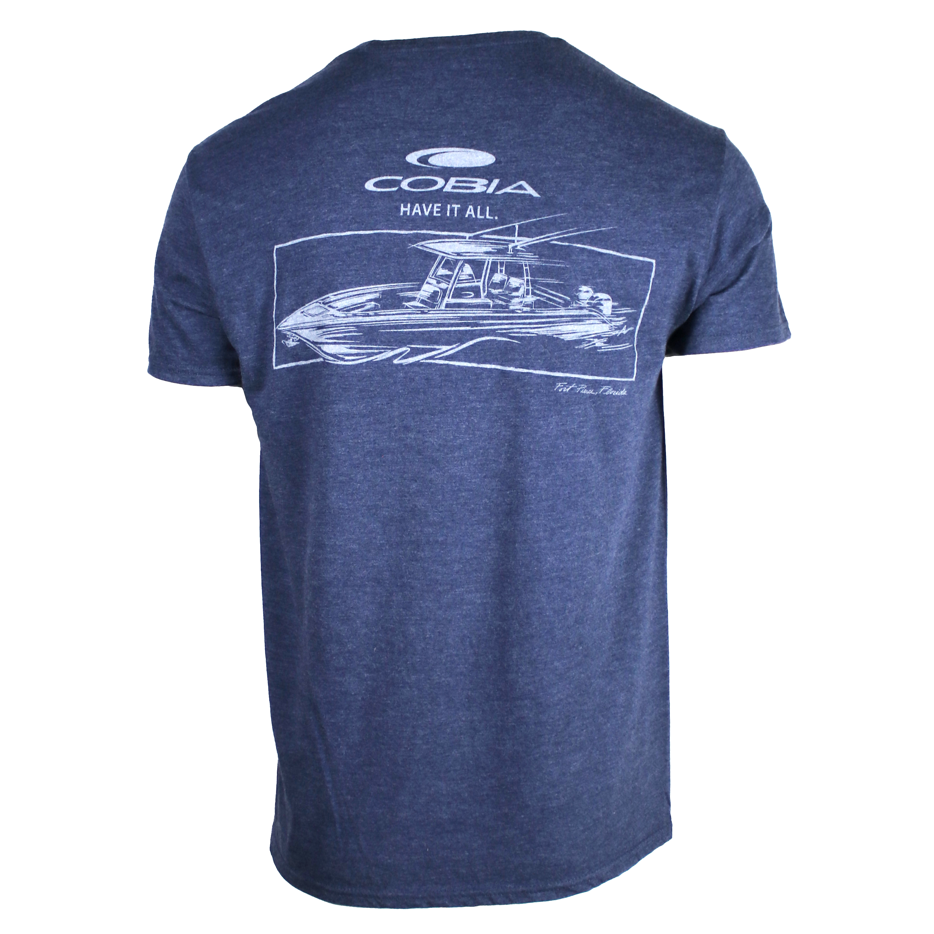 Blue T-shirt with a white boat graphic and 'Cobia' logo on the back.