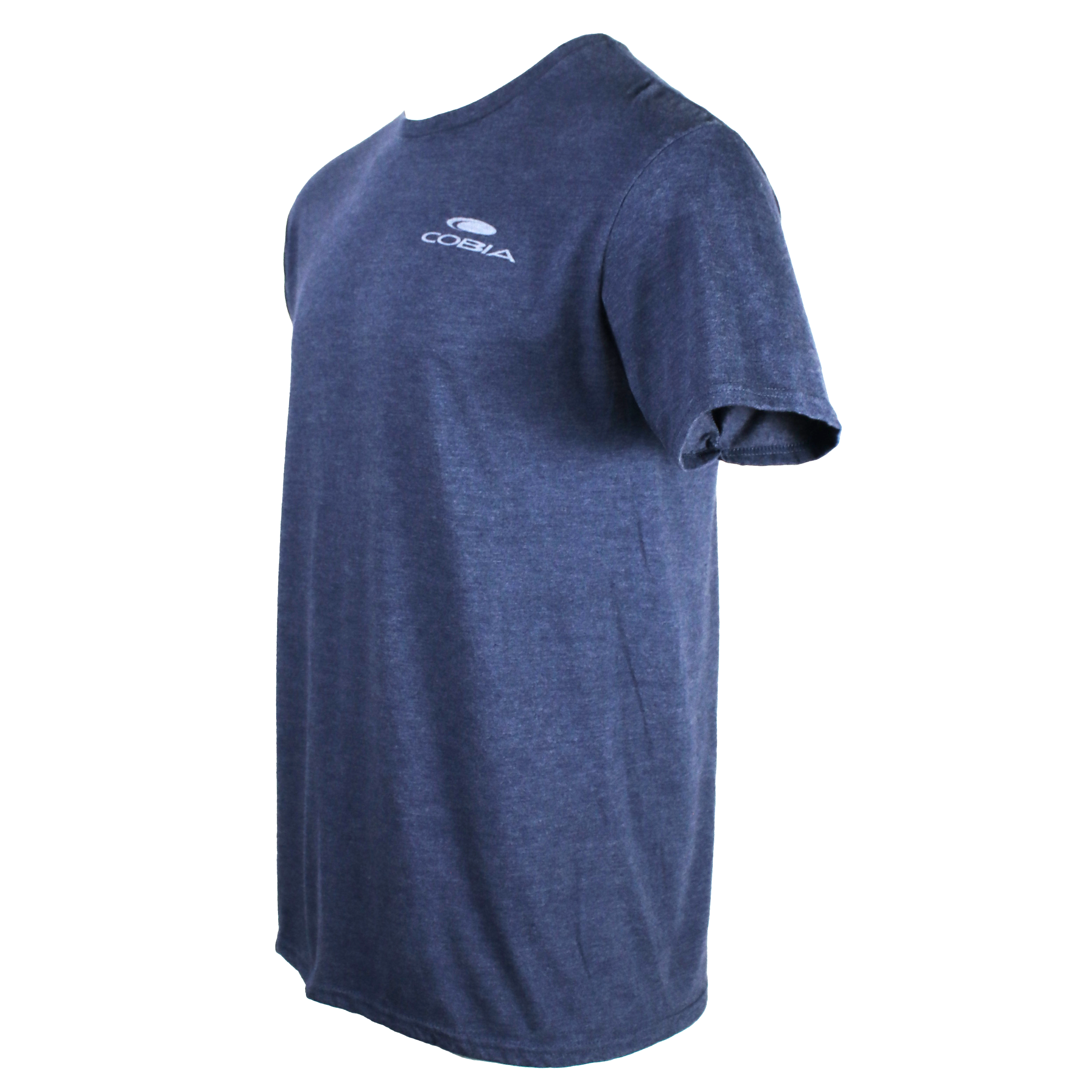Side of a blue t-shirt with a white cobia logo on the left chest.