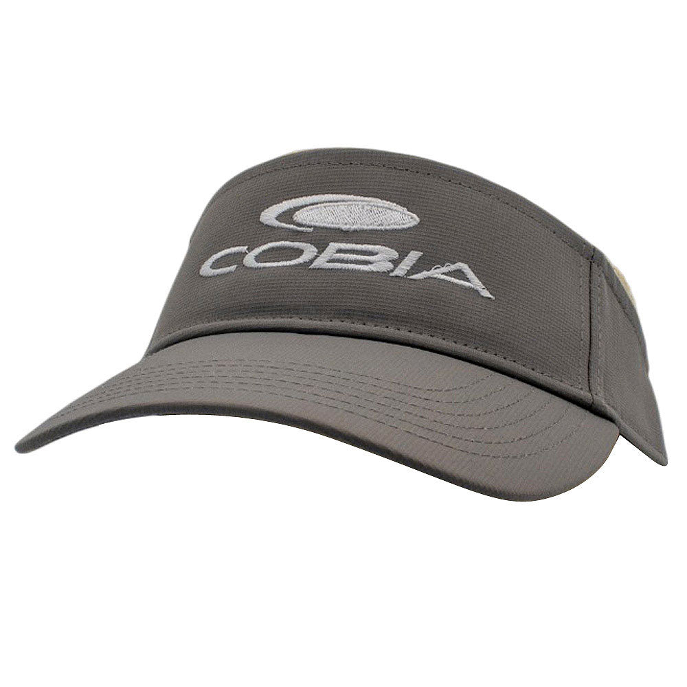 Grey visor cap with white 'Cobia' logo embroidered on the front.