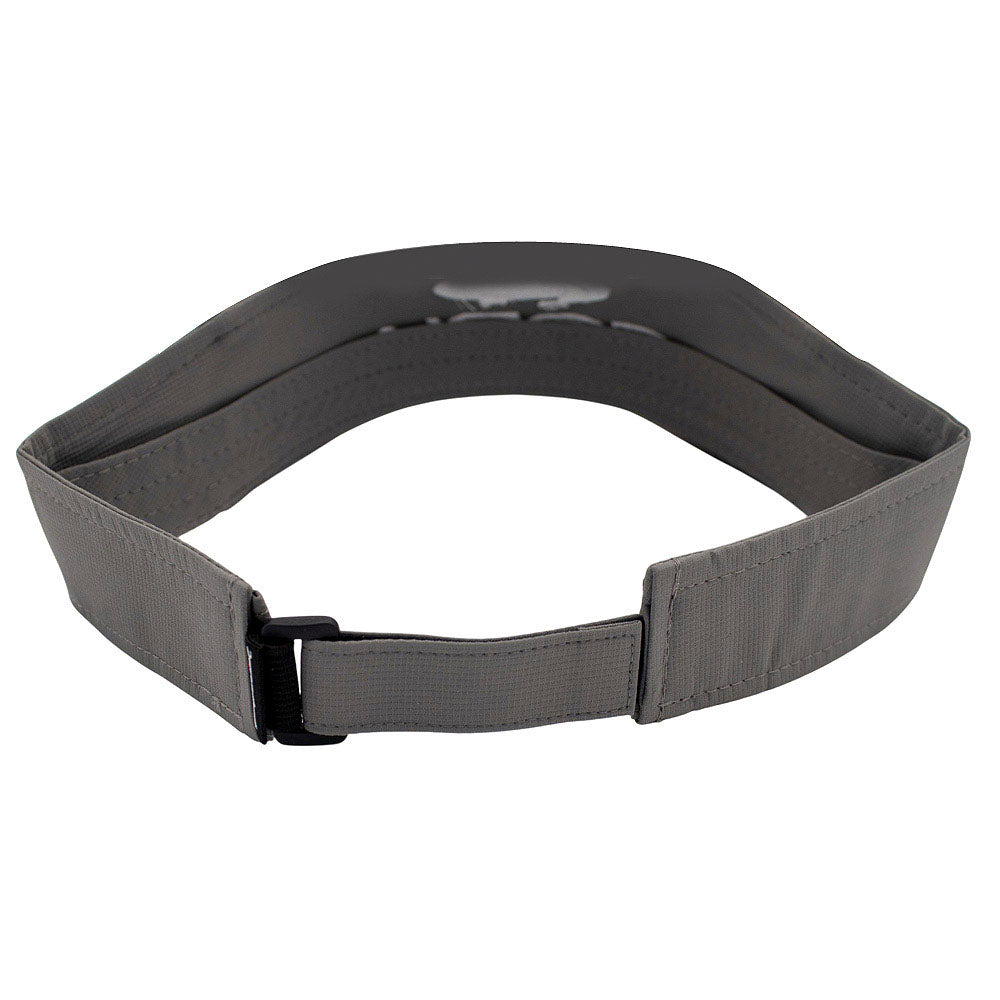 Back of a grey visor with a velcro closure.