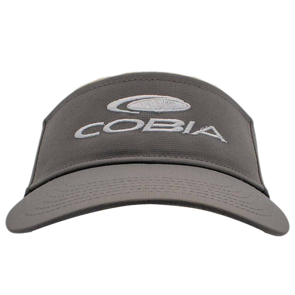 Grey visor cap with white 'Cobia' logo on the front.
