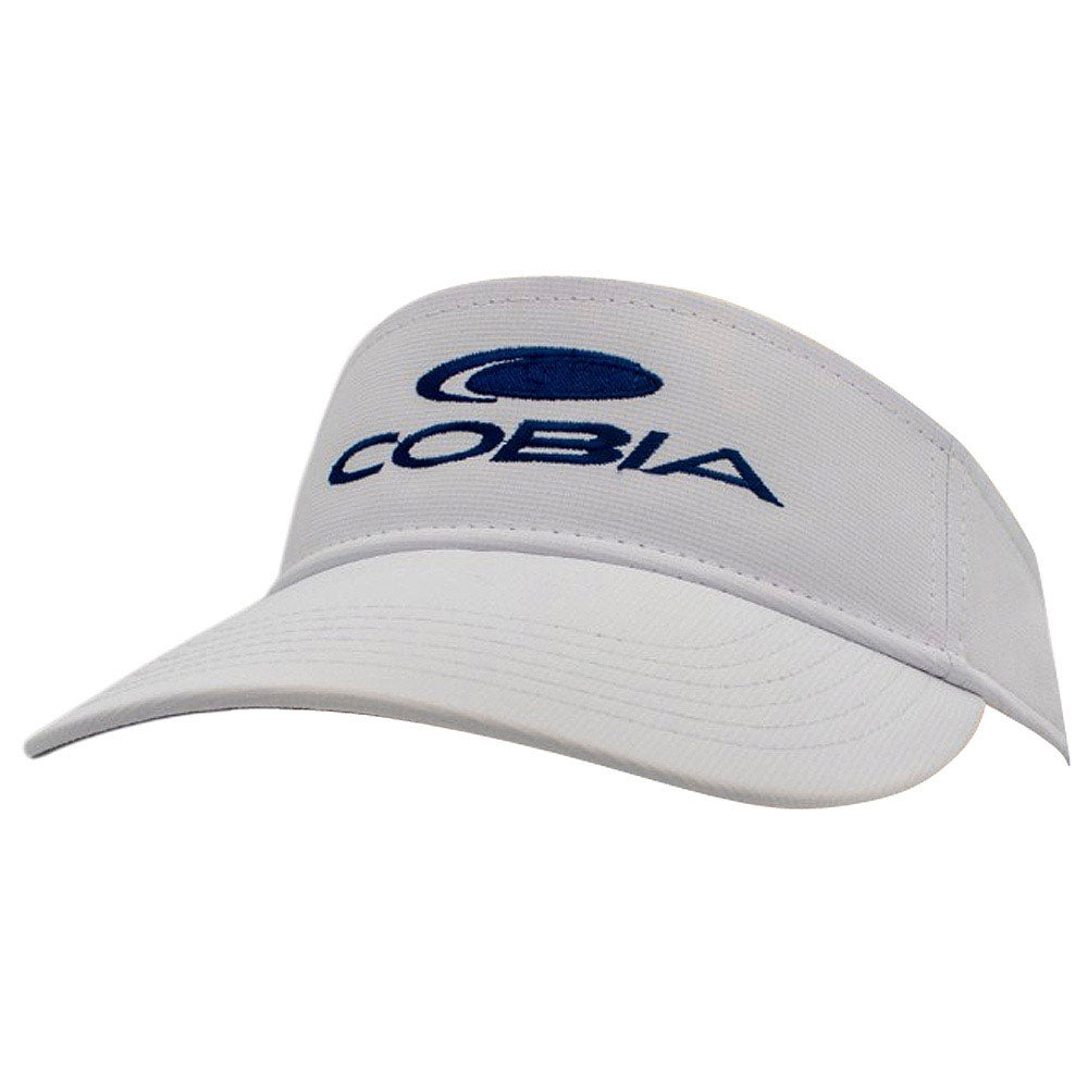White visor cap with blue 'Cobia' logo.