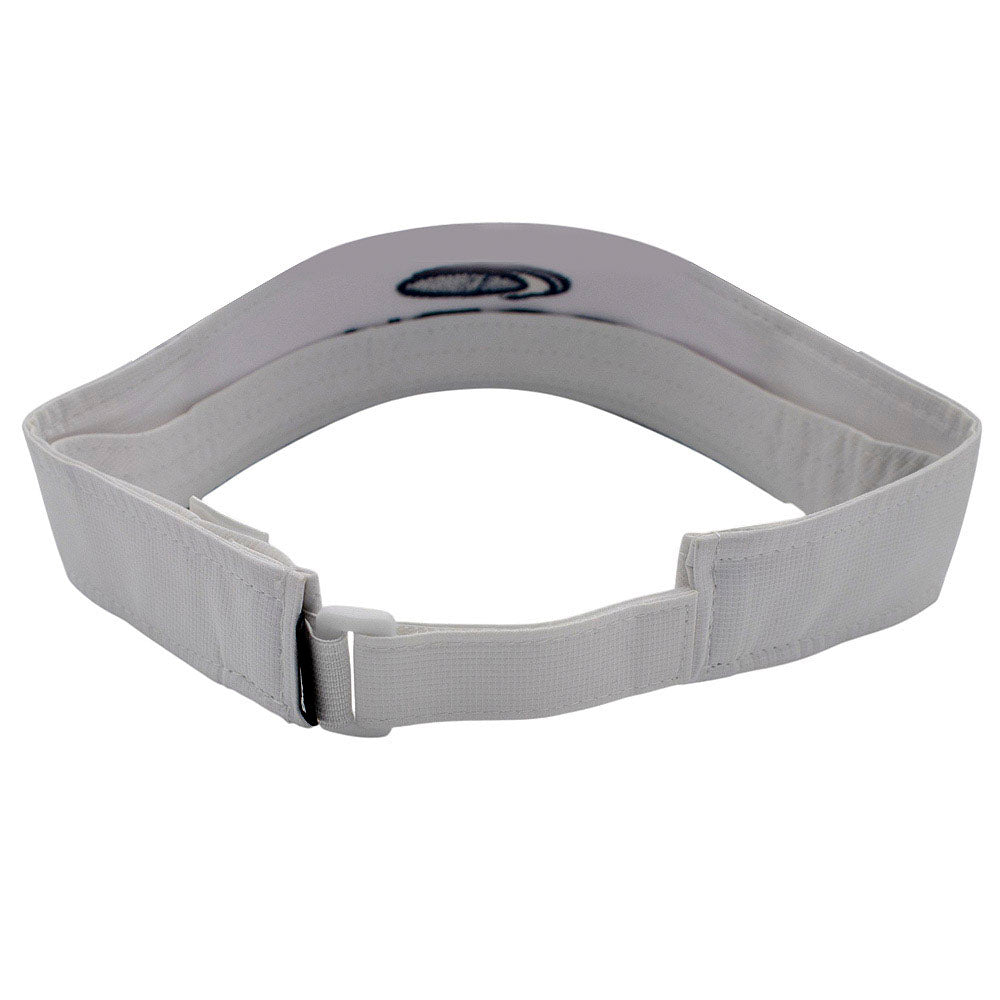 Back of a white visor with a velcro closure.