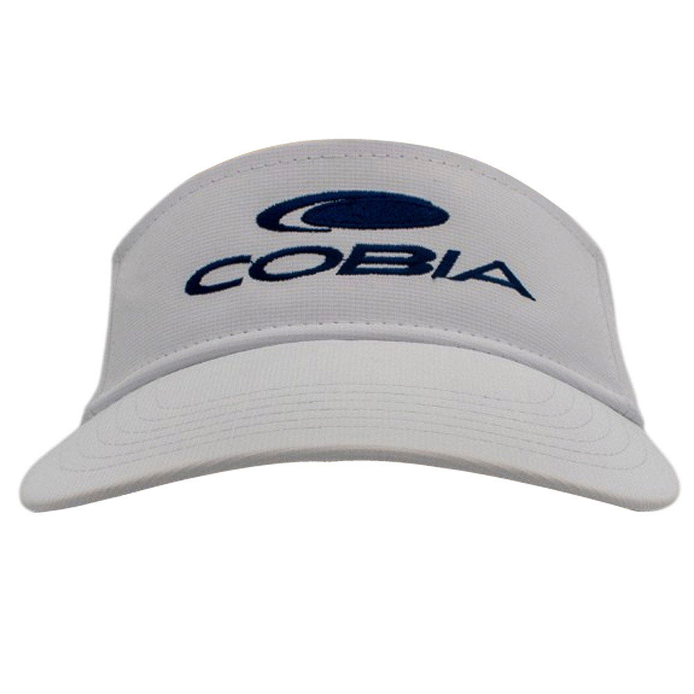 White visor cap with blue 'Cobia' logo embroidered on the front.