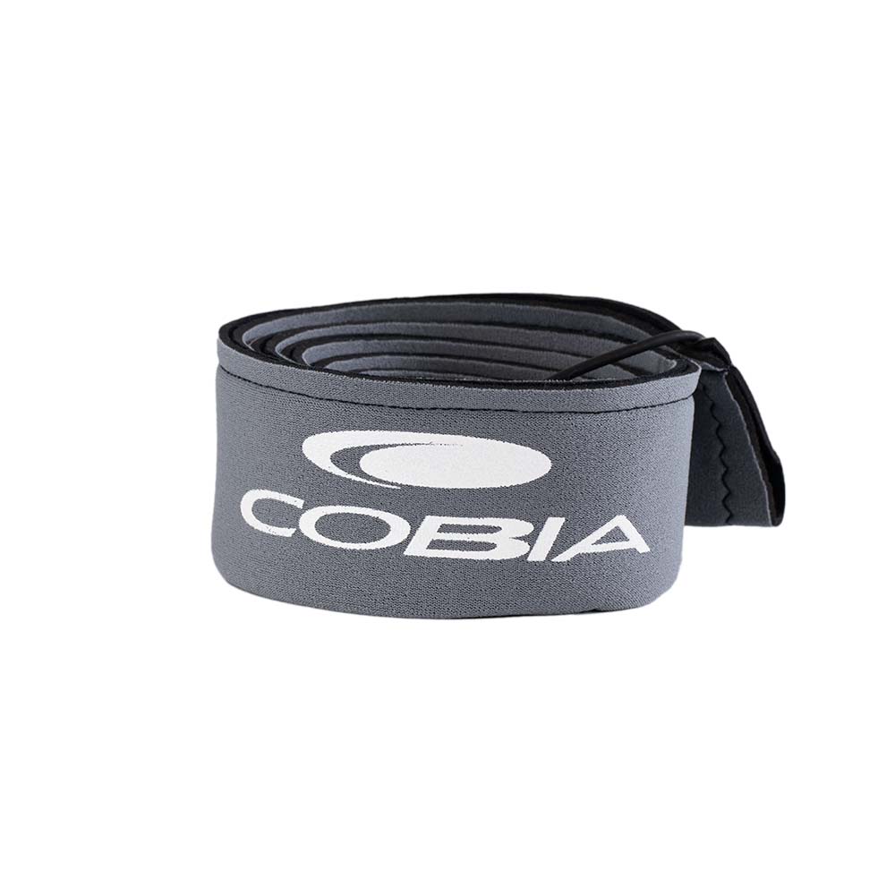 Gray neoprene rod sleeve with a white Cobia logo, rolled up.