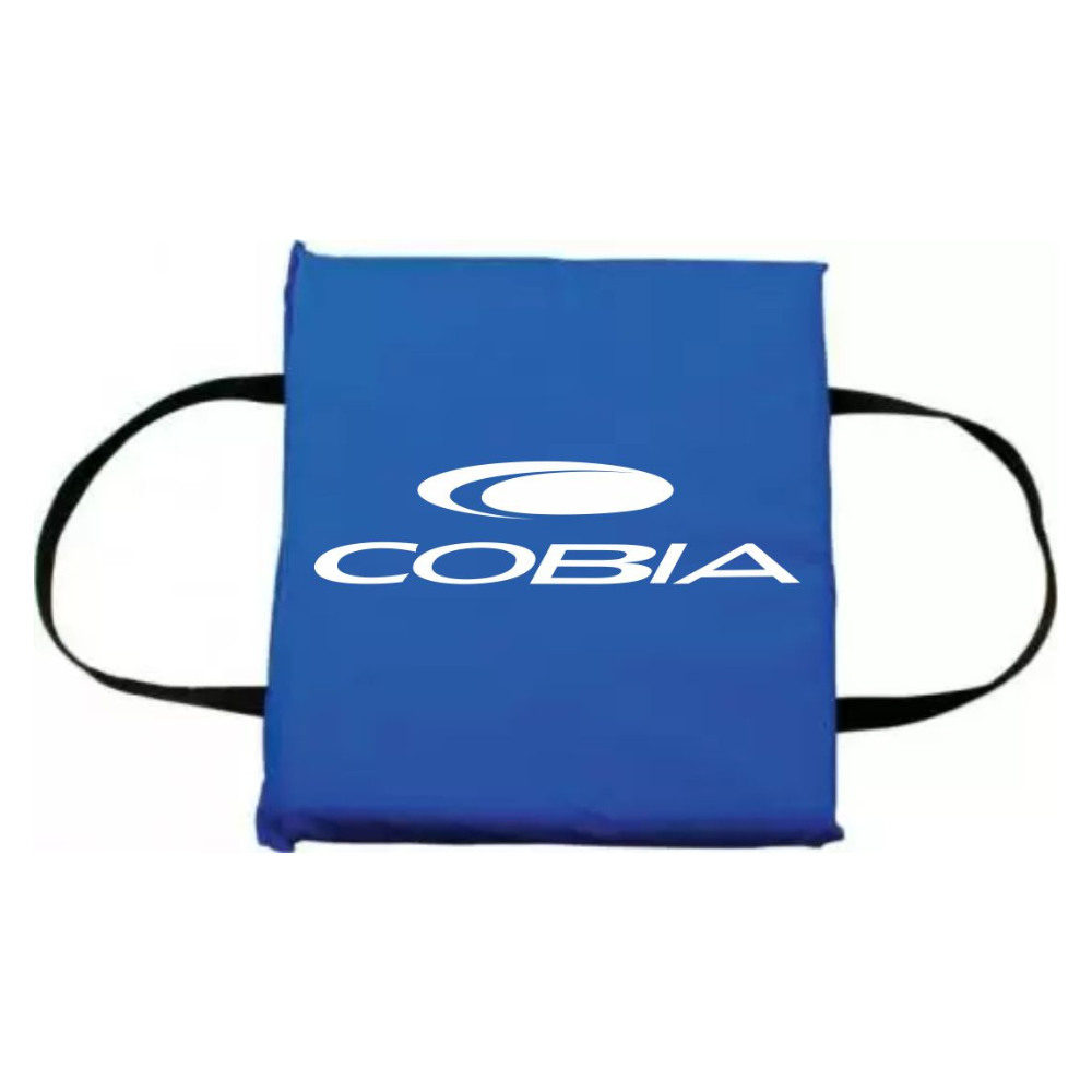 Blue cushion with a white COBIA logo and two black handles.