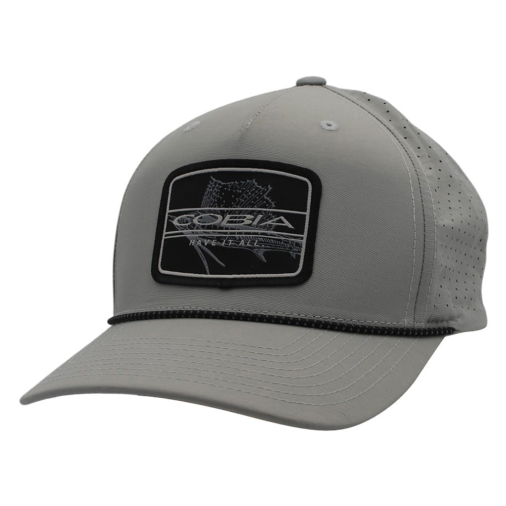 Gray cap with a black patch on the front and a black rope across the bill.