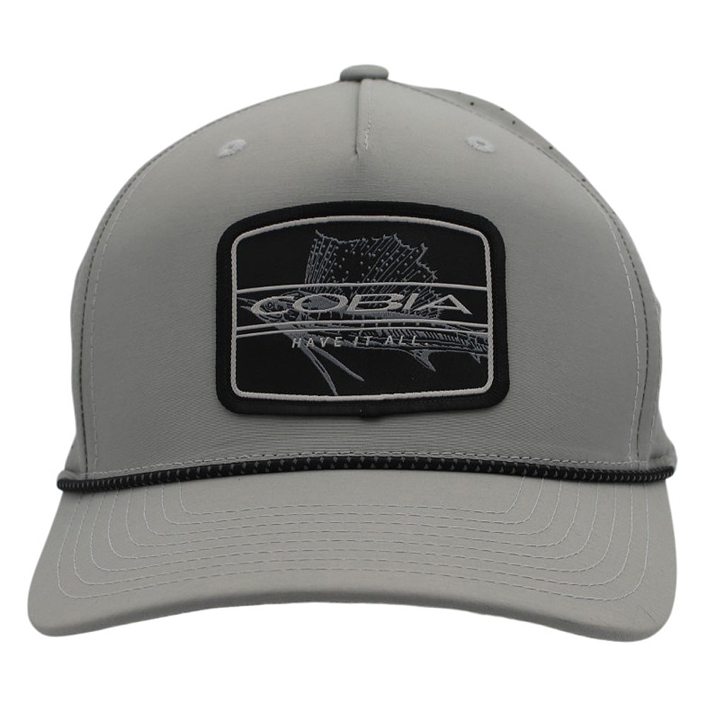 Gray cap with a black patch containing the cobia logo and a fish design on the front.
