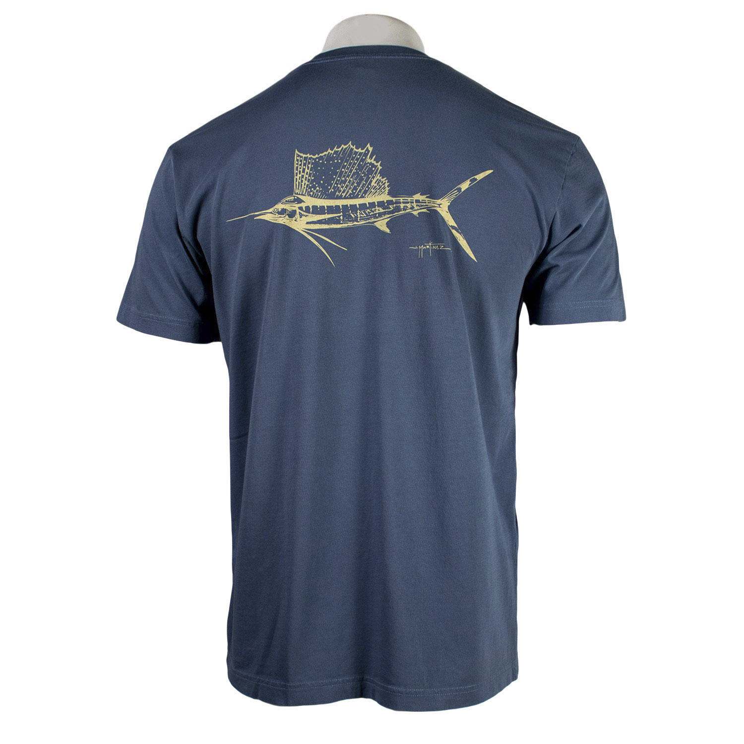 Navy T-shirt with a pale yellow sailfish design on the shoulder blades.