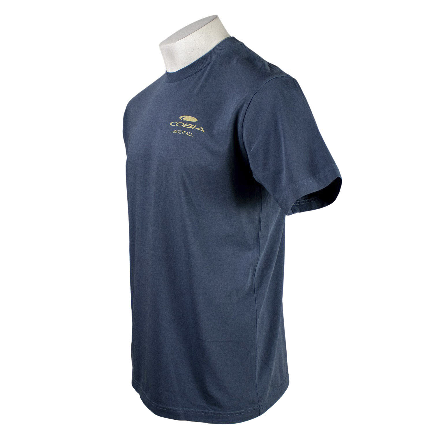 Side of a navy T-shirt with a pale yellow cobia logo on the left chest.