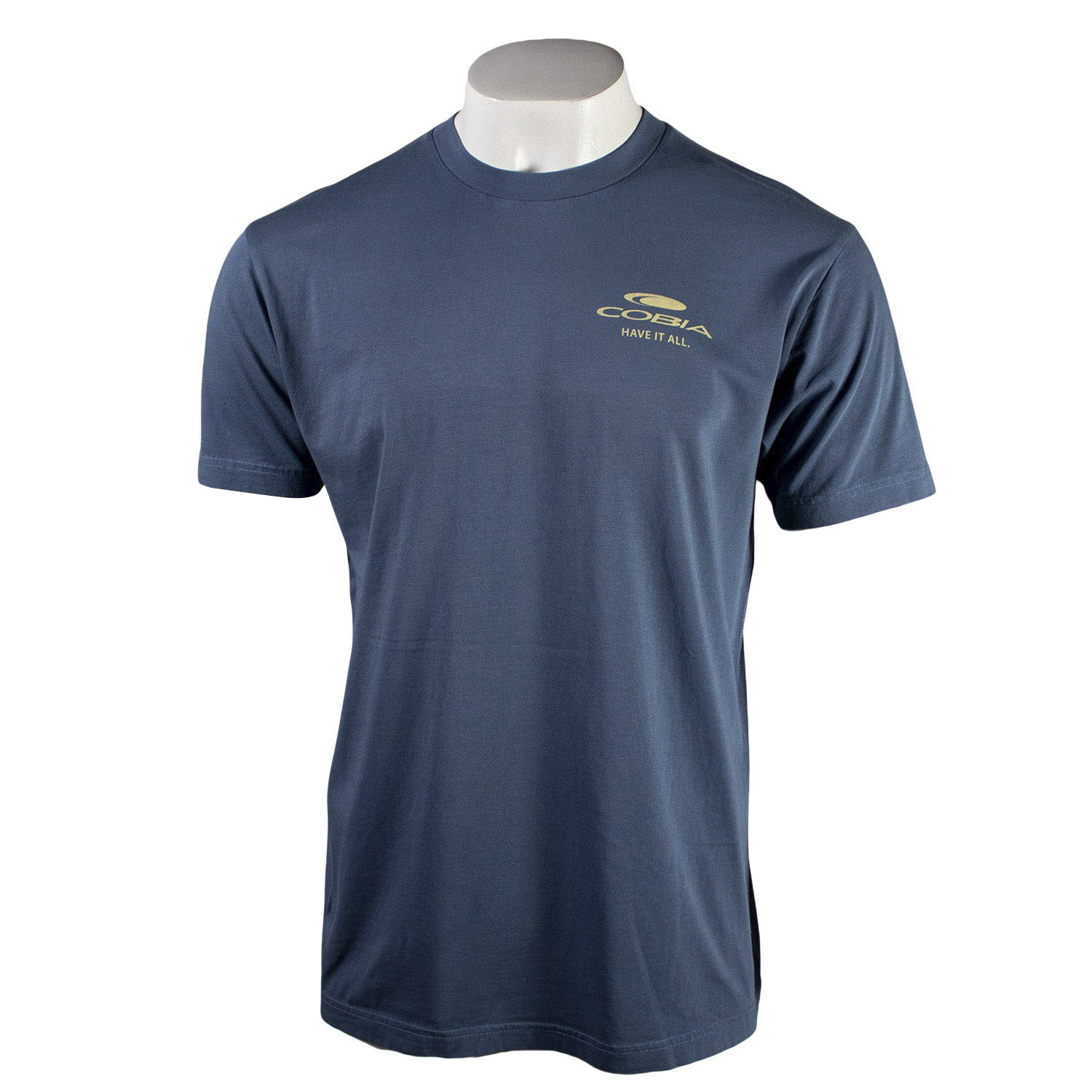 Front of a navy T-shirt with a pale yellow cobia logo on the left chest.