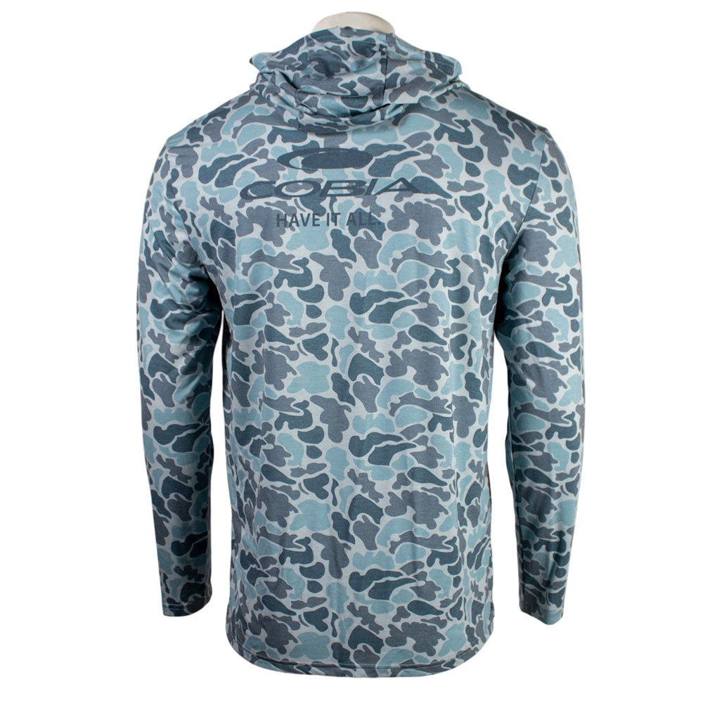 Blue camouflage-patterned hoodie with a Cobia logo on the shoulder blades.