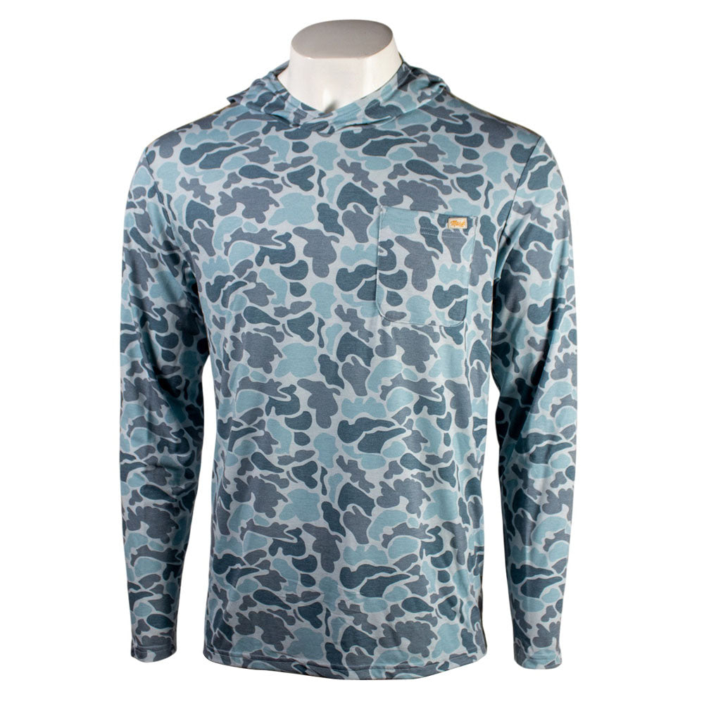 Front of a blue camouflage-patterned hoodie with a left chest pocket.