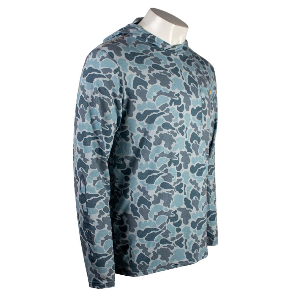 Side of a blue camouflage-patterned hoodie with a Cobia logo on the right sleeve.