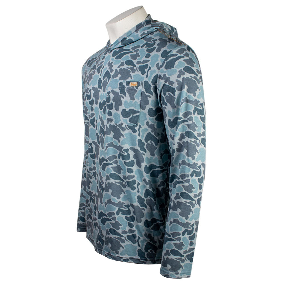 Side of a blue camouflage-patterned hoodie with a pocket on the left chest.