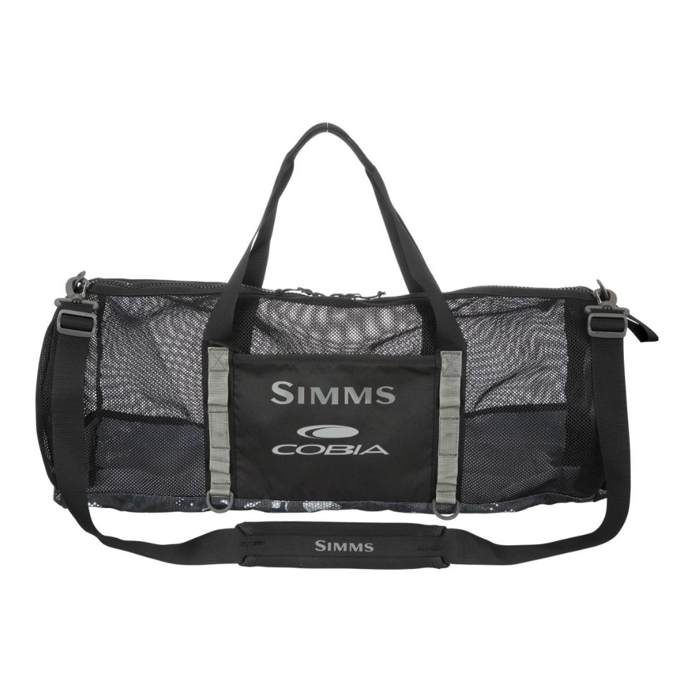 Black mesh duffel bag with 'Simms' and 'cobia' branding on the front pocket.