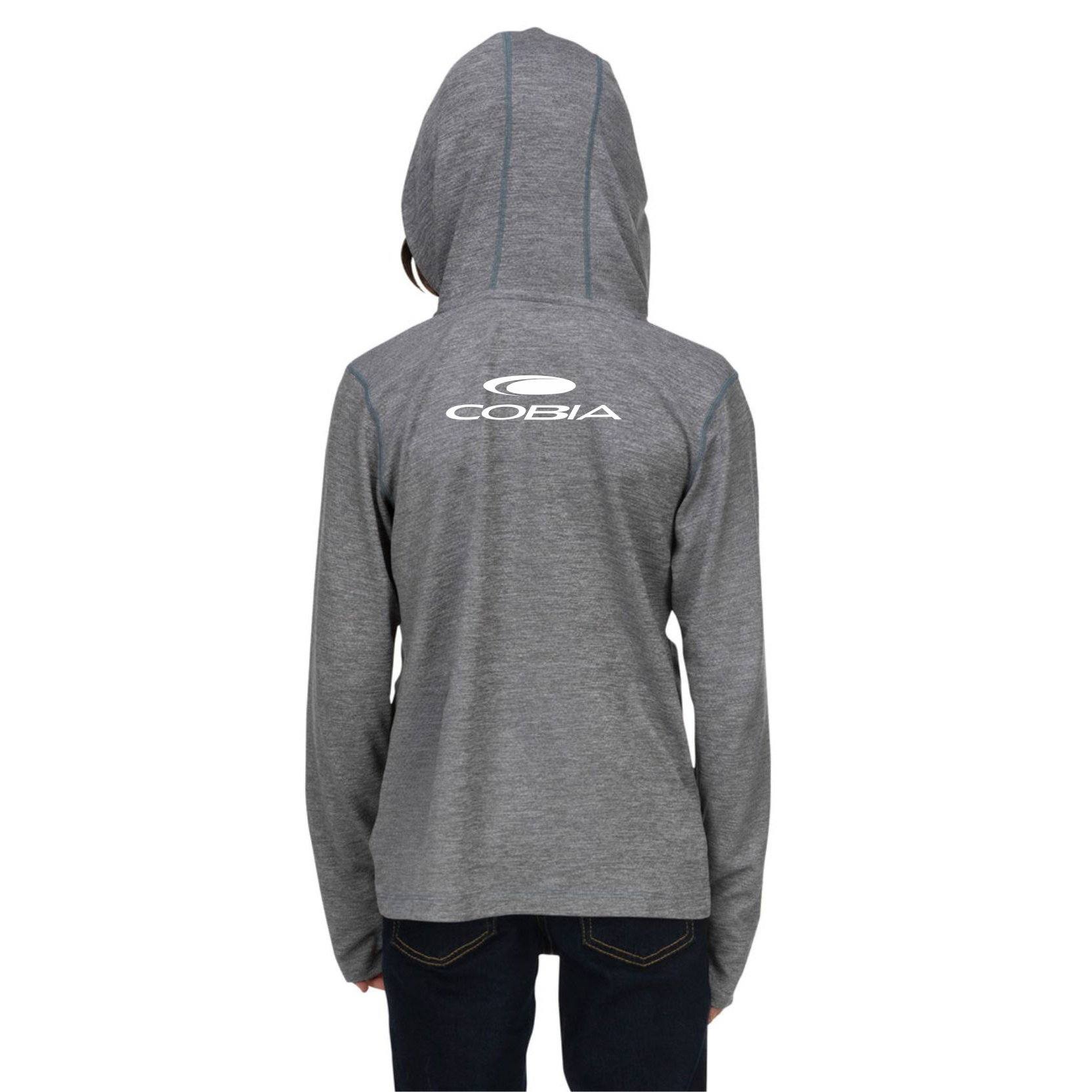 Gray hoodie with Cobia logo on the back against a white background