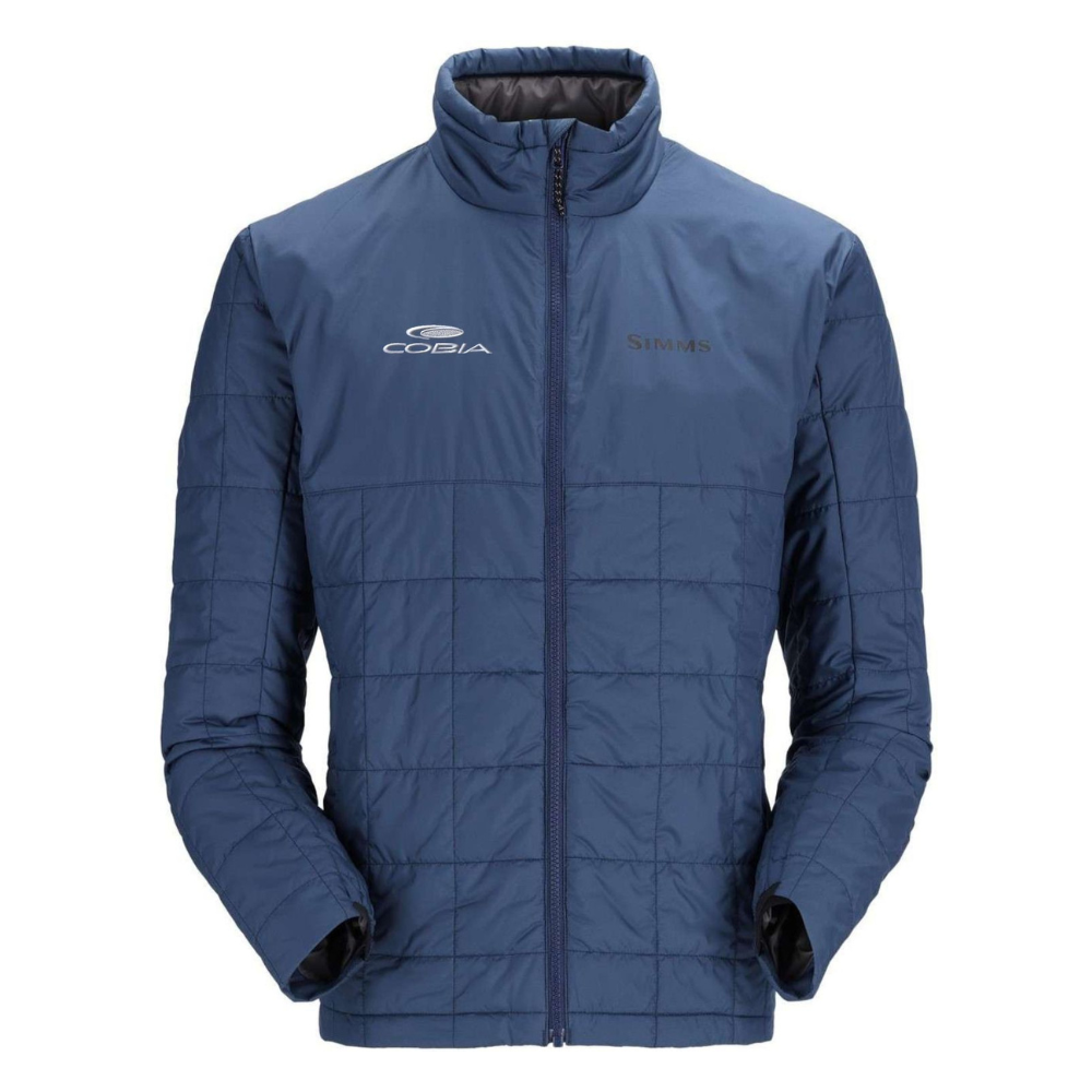 Navy blue quilted jacket with a zip front and a white cobia logo sewn on the right chest. 