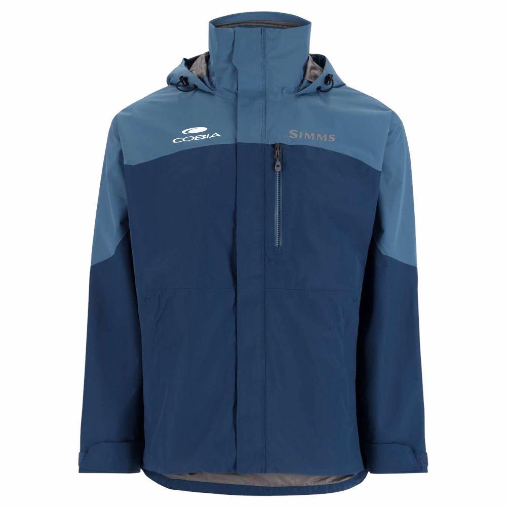 Blue jacket with a hood featuring Cobia and Simms logos on the chest.