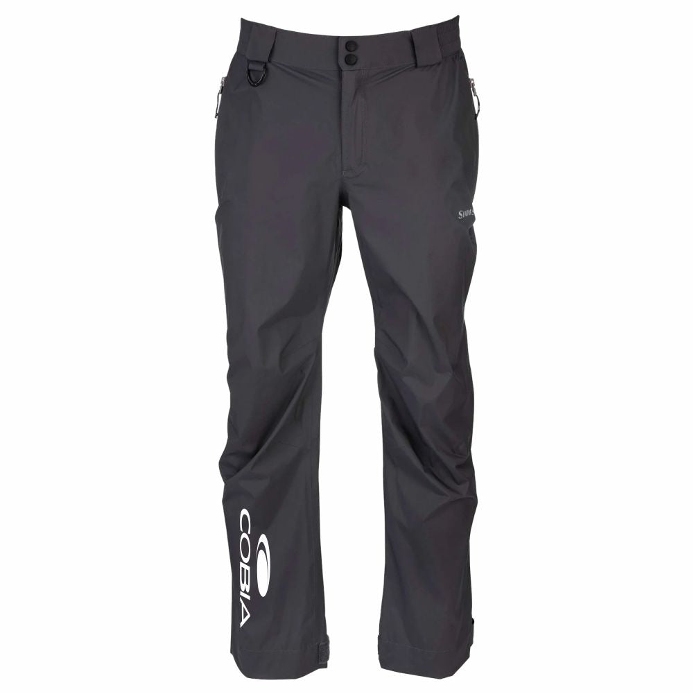 Dark gray rain pants with a white cobia logo on the right shin.