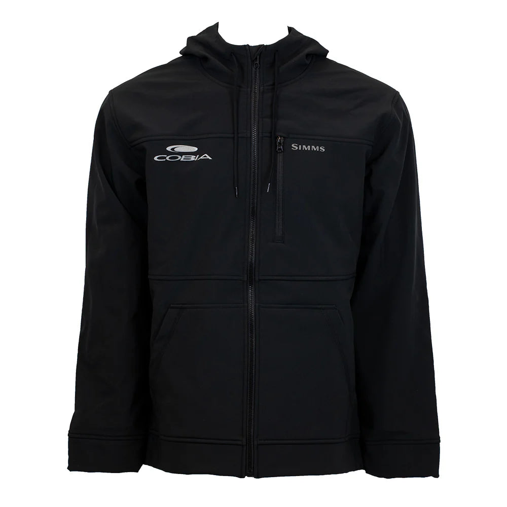Black hooded jacket with cobia and simms logos on the front in grey.