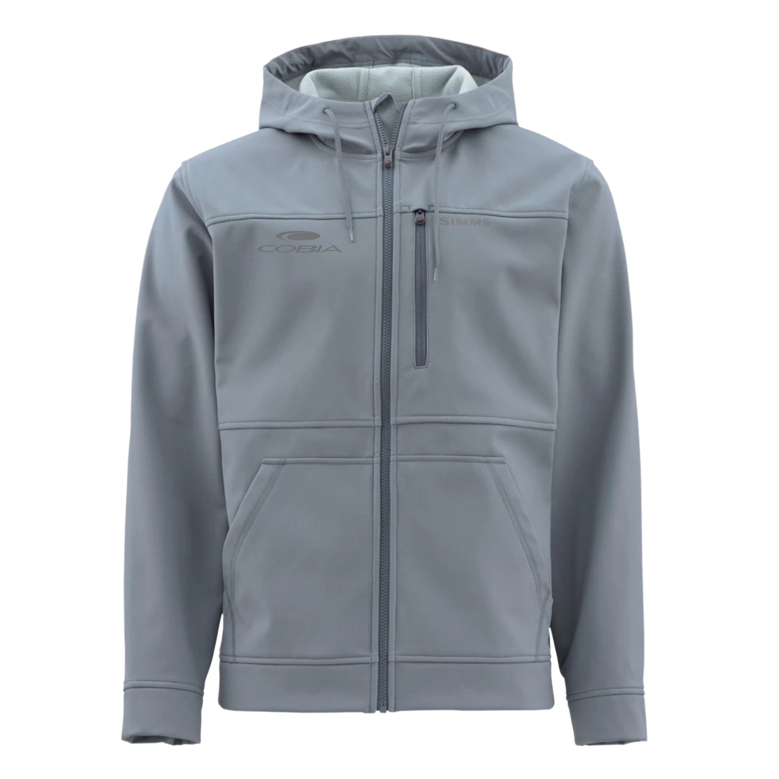 Gray hooded jacket with cobia and simms logos on the front in grey.