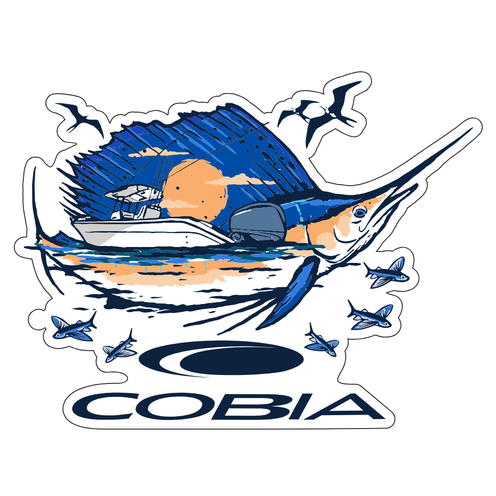 Decal of a marlin fish and a boat on the water, with 'Cobia' branding below it.