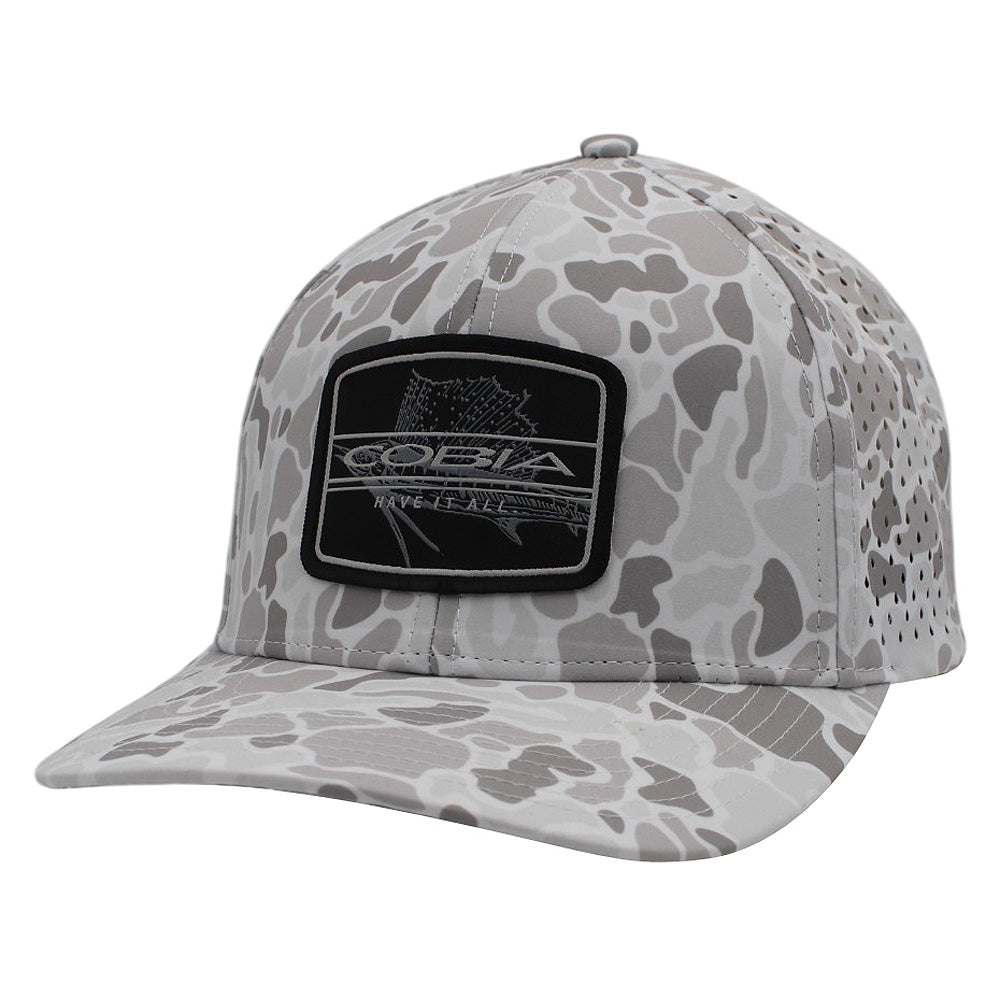 White and grey camo cap with a black patch on the front.