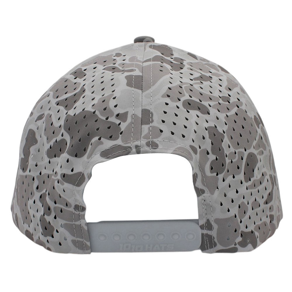 Back view of a white and grey camo perforated cap on a white background.