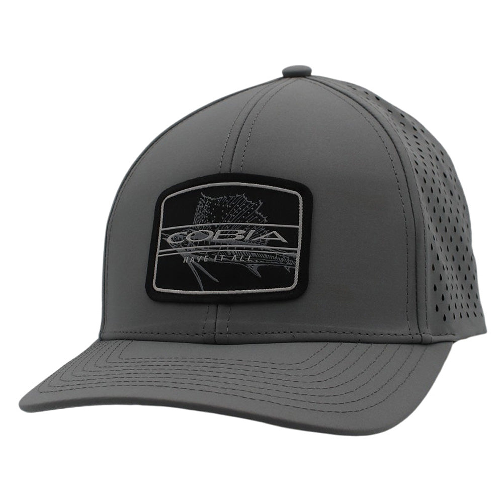 Grey cap with a black patch on the front.