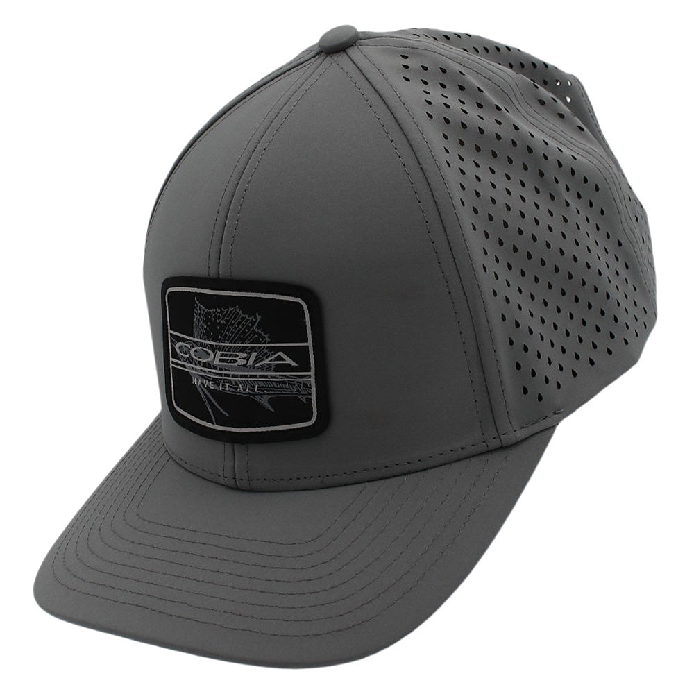 Grey cap with a brand logo patch on the front and ventilation holes on the back panels.