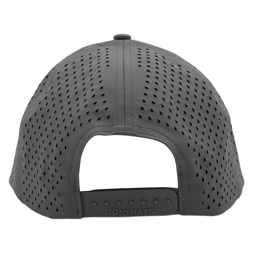 Back view of a grey perforated cap on a white background.
