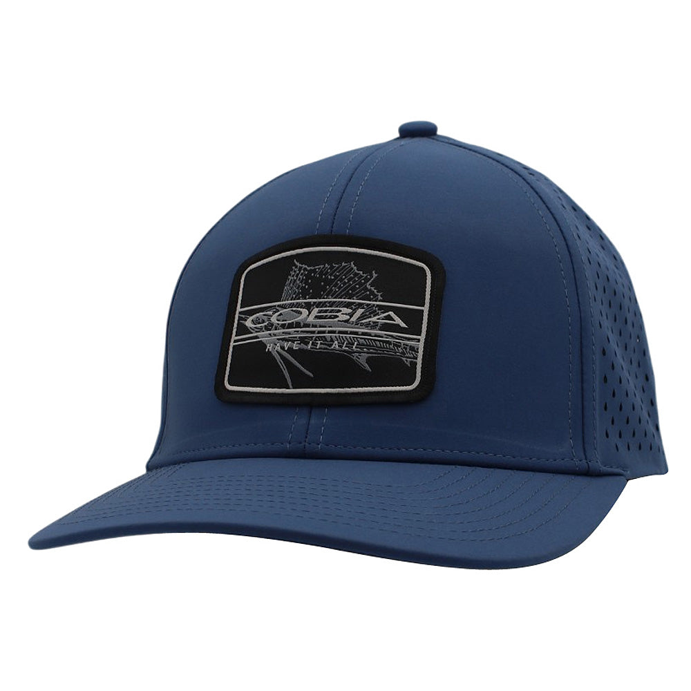 Blue cap with a black patch on the front.