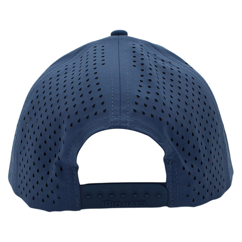Back view of a blue perforated cap on a white background.