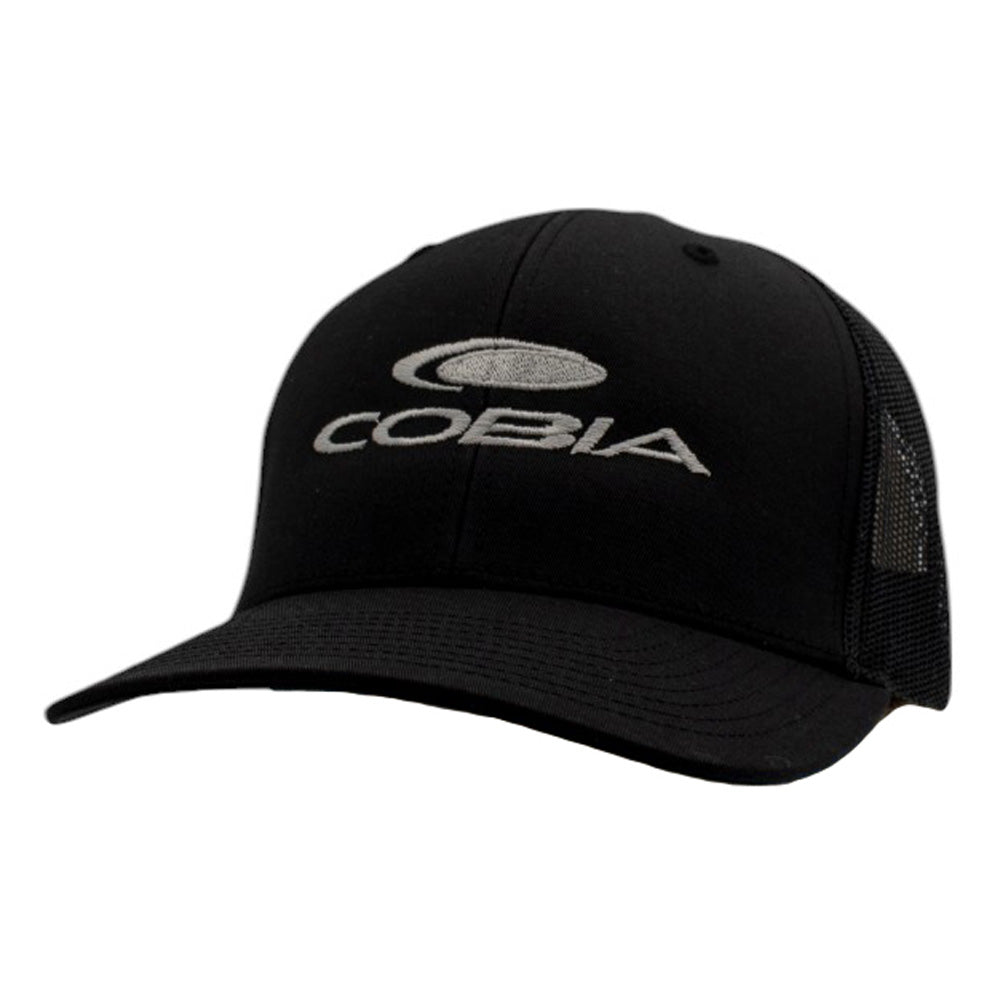 Black baseball cap with a white COBIA logo sewn on the front. 