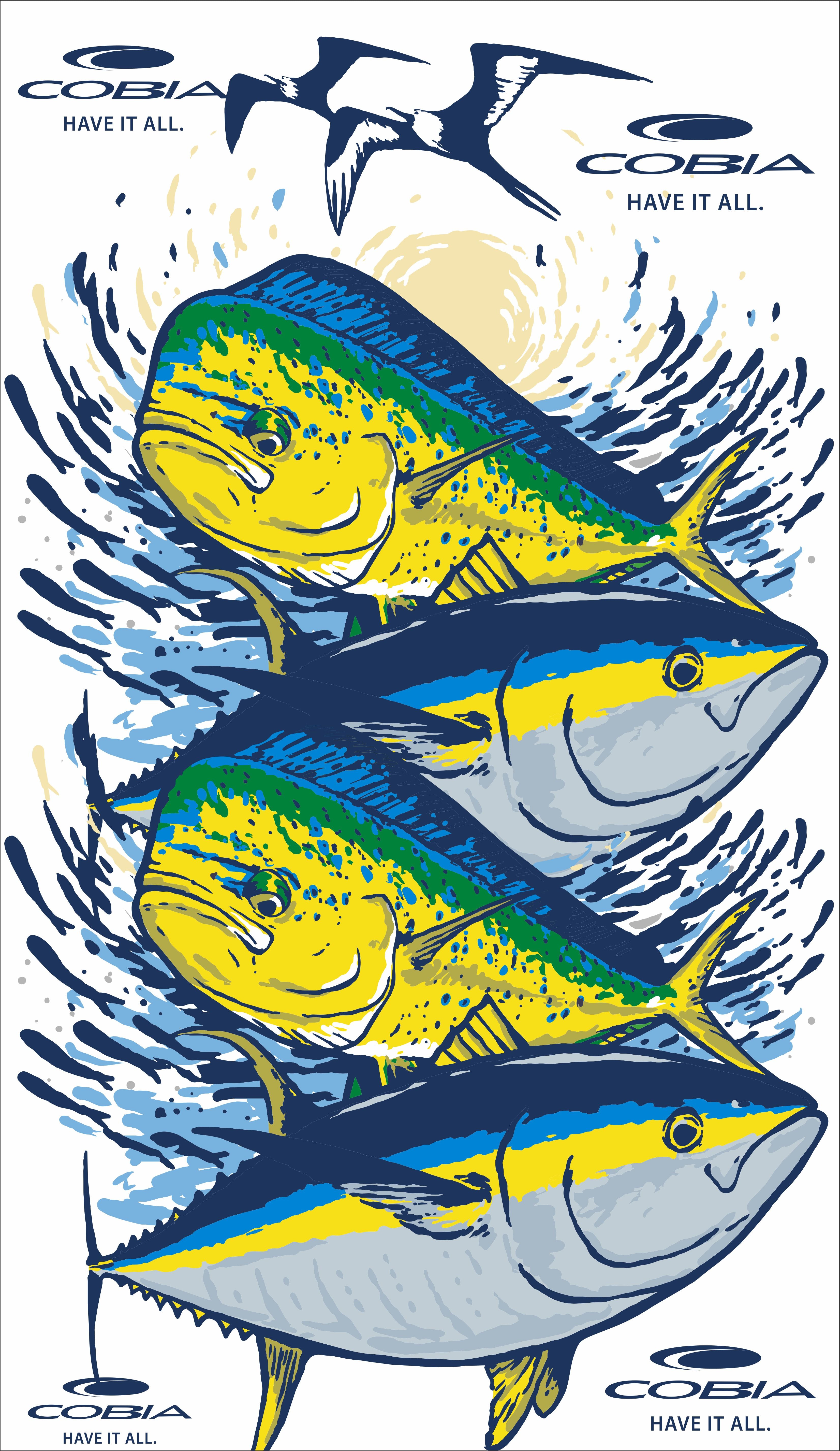 Mockup of the white sunshield with illustrations of blue and yellow fish underwater with seagulls flying overhead.